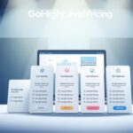 A high-quality, detailed illustration of "GoHighLevel Pricing" showcasing the pricing structure and features of the GoHighLevel platform. The foreground should feature a clean, modern design with clear pricing tiers, icons, and information about the services offered. The middle ground could include a laptop or device displaying the GoHighLevel dashboard, highlighting the user interface and key functionality. The background should convey a professional, technology-driven atmosphere with subtle gradients, geometric shapes, and a sense of sophistication. Lighting should be soft and directional, creating depth and emphasizing the key elements. The overall mood should be informative, visually appealing, and reflective of the GoHighLevel brand.