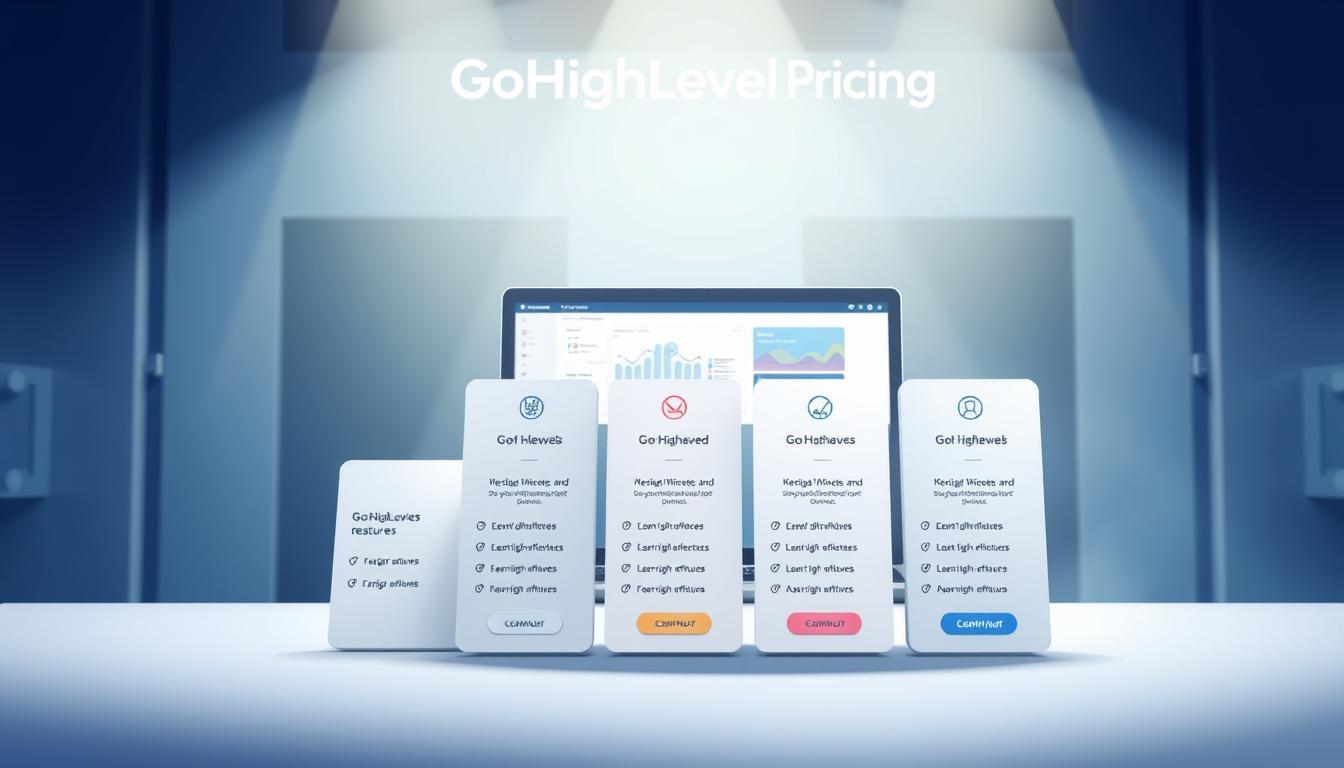 A high-quality, detailed illustration of "GoHighLevel Pricing" showcasing the pricing structure and features of the GoHighLevel platform. The foreground should feature a clean, modern design with clear pricing tiers, icons, and information about the services offered. The middle ground could include a laptop or device displaying the GoHighLevel dashboard, highlighting the user interface and key functionality. The background should convey a professional, technology-driven atmosphere with subtle gradients, geometric shapes, and a sense of sophistication. Lighting should be soft and directional, creating depth and emphasizing the key elements. The overall mood should be informative, visually appealing, and reflective of the GoHighLevel brand.