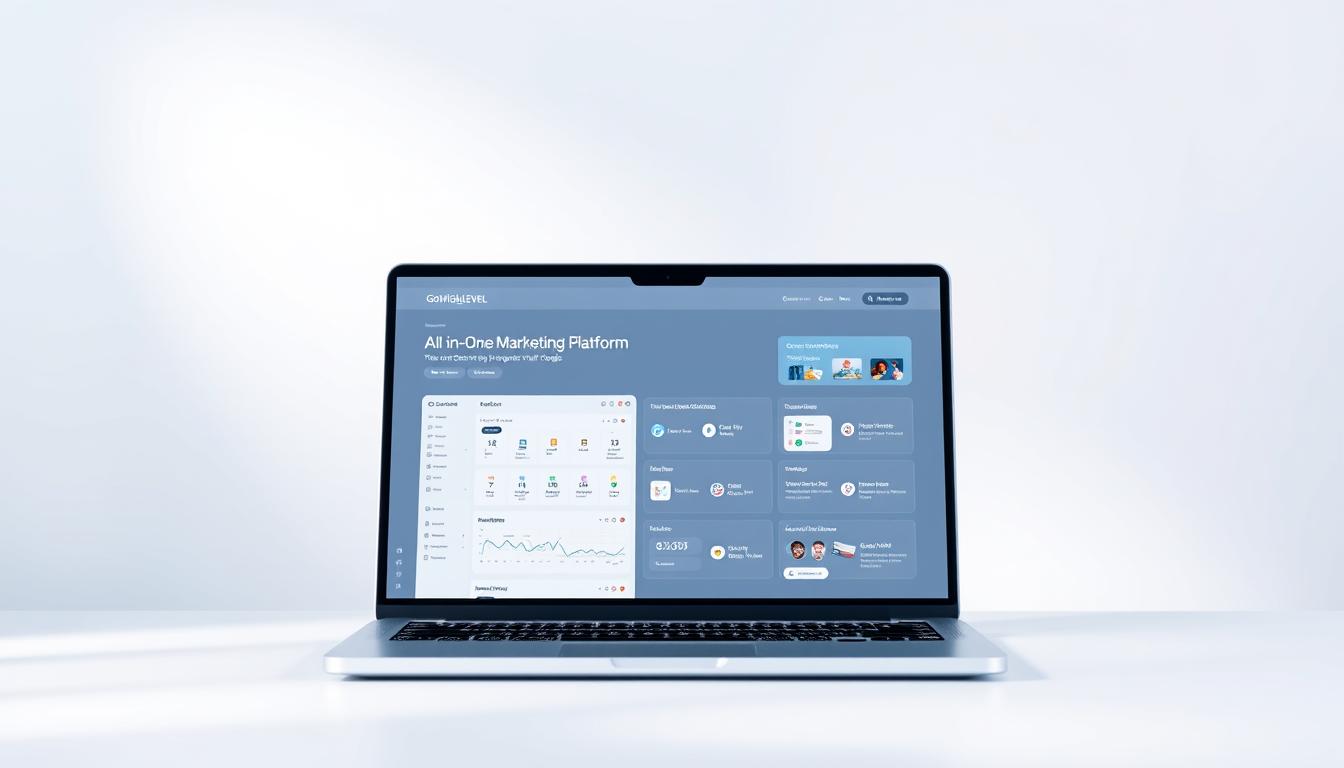 A modern, sleek all-in-one marketing platform called GoHighLevel, with a minimalist user interface displayed on a laptop screen. The platform features intuitive dashboards, automation tools, and seamless integration with various marketing channels. The background is a soft, gradient-based pastel color scheme, creating a clean and professional atmosphere. The lighting is soft and diffused, highlighting the platform's key features and functionality. The camera angle is slightly elevated, providing a comprehensive view of the platform's capabilities.
