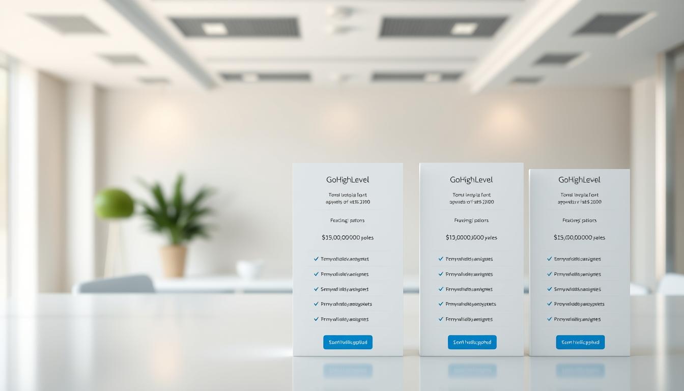 A sleek and modern composition showcasing the pricing details of the "GoHighLevel" platform. In the foreground, a clean and minimal table displays the various subscription plans, each with its corresponding features and costs. The middle ground features a subtle, semi-transparent background with a soft, radiant gradient, adding depth and visual interest. The background is filled with a serene, minimalist environment, perhaps an office or workspace setting, conveying a sense of professionalism and attention to detail. The lighting is soft and diffused, creating a warm and inviting atmosphere, highlighting the clarity and legibility of the pricing information. The overall tone is one of sophistication, transparency, and a commitment to providing valuable solutions to the user.