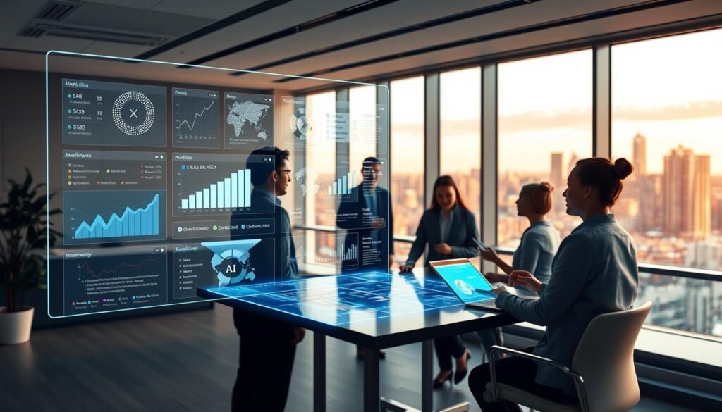 A sleek, modern office setting showcasing GoHighLevel's suite of AI-powered marketing tools. In the foreground, a holographic display presents various analytics dashboards, lead generation funnels, and automated workflows. In the middle ground, a team of marketing professionals collaborates using touchscreen interfaces and voice commands. The background features floor-to-ceiling windows overlooking a vibrant cityscape, bathed in warm, ambient lighting that accentuates the clean, minimalist aesthetic. The overall impression conveys GoHighLevel's seamless integration of cutting-edge technology with intuitive user experiences, empowering modern marketers to achieve their goals.