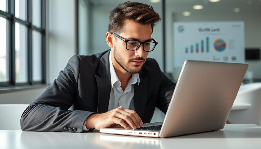 Create an image of a business professional using a laptop with the Go High Level dashboard on the screen.