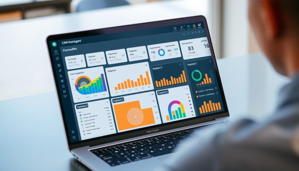 Generate an image of a CRM dashboard on a laptop screen