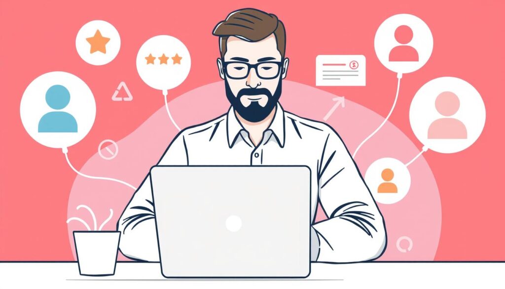 Generate an image of a business owner managing online reviews on a laptop