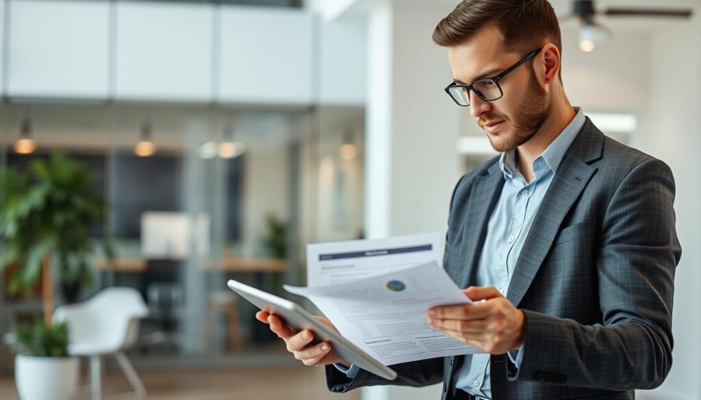 Generate an image of a business professional reviewing a customized marketing plan on a tablet.