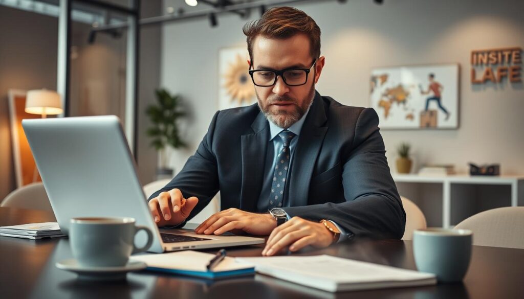 Generate an image of a business professional setting up GoHighLevel on their computer