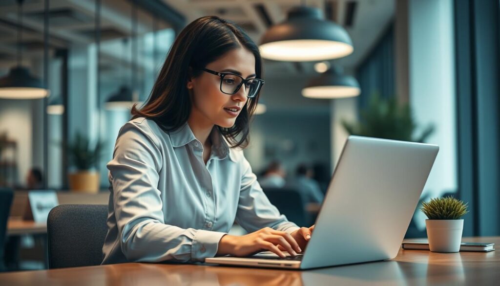 Generate an image of a business professional using GoHighLevel on a laptop