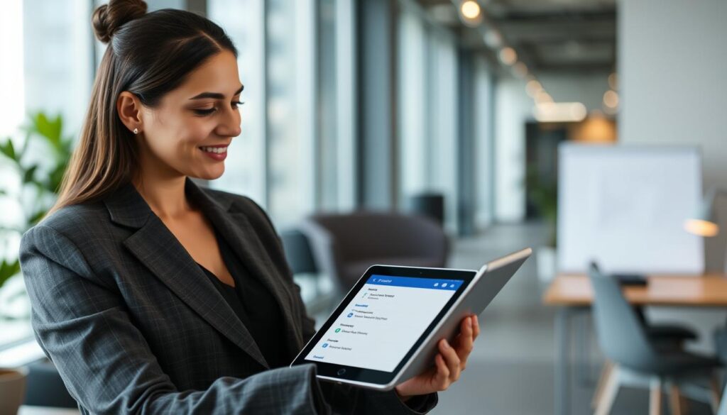 Generate an image of a business professional using GoHighLevel's appointment scheduling feature on a tablet.