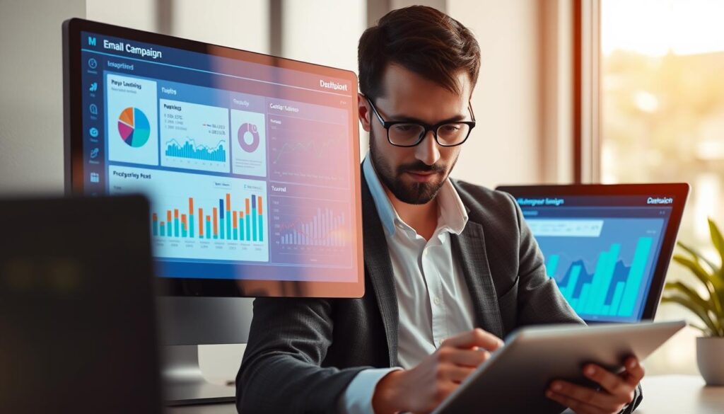 Generate an image of a marketer analyzing email campaign metrics on a dashboard