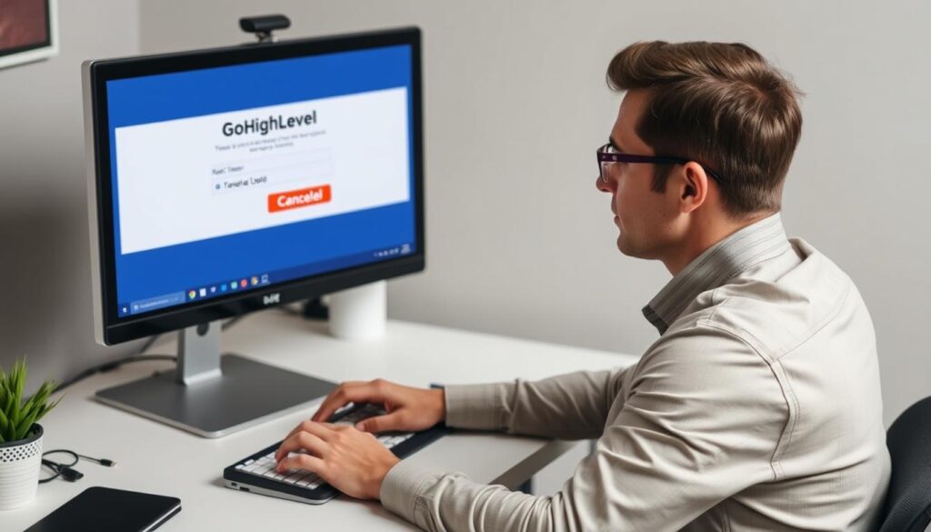Generate an image of a person canceling their GoHighLevel subscription on their computer