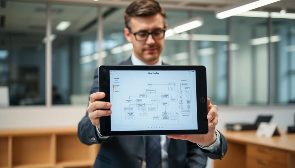 Generate an image of a workflow diagram on a digital tablet with a business professional analyzing it.