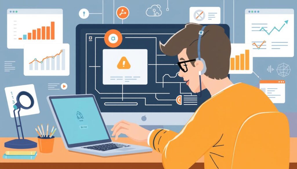 Generate an image representing a person troubleshooting GoHighLevel connection issues on their computer