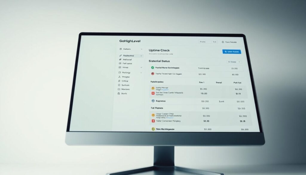 GoHighLevel status check panel displayed on a sleek, modern desktop computer screen. The interface features a clear and concise layout, with a prominent "GoHighLevel" logo at the top. The panel displays real-time information about the platform's uptime, server status, and any ongoing maintenance or outages. The background is a soft, neutral gradient, creating a professional and focused atmosphere. The lighting is even and natural, capturing the screen's details without harsh shadows or glare. The camera angle is slightly elevated, conveying a sense of authority and reliability. The overall impression is one of transparency, reliability, and a commitment to providing users with the information they need during times of potential downtime.