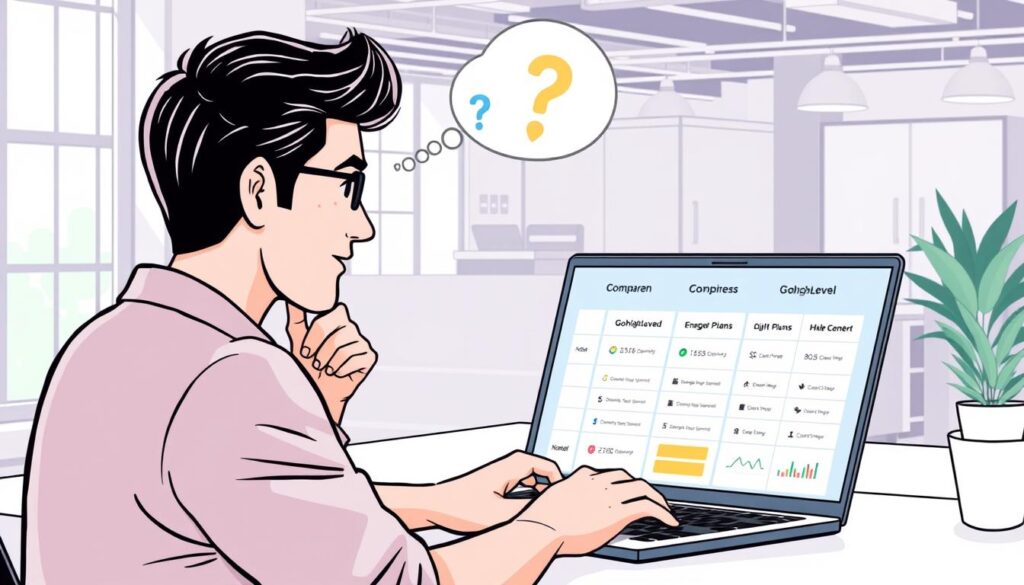 Image of a person evaluating different GoHighLevel plans on a laptop