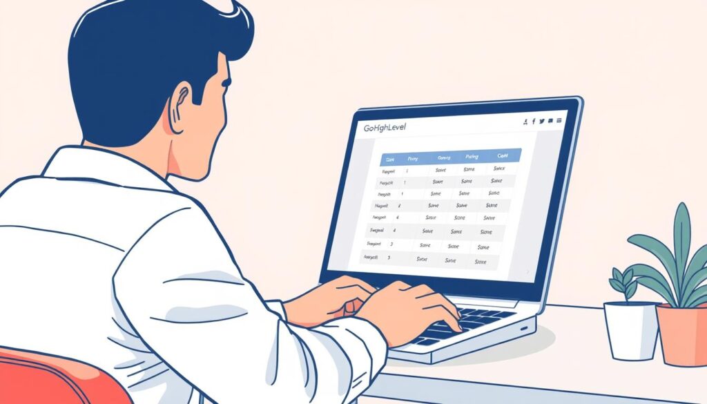 Image of a person using GoHighLevel on a laptop with a pricing table visible